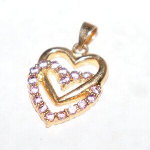 Gold & Pink Stone Double Heart Pendant | 1" | Vintage Style | Romantic & Sweet
